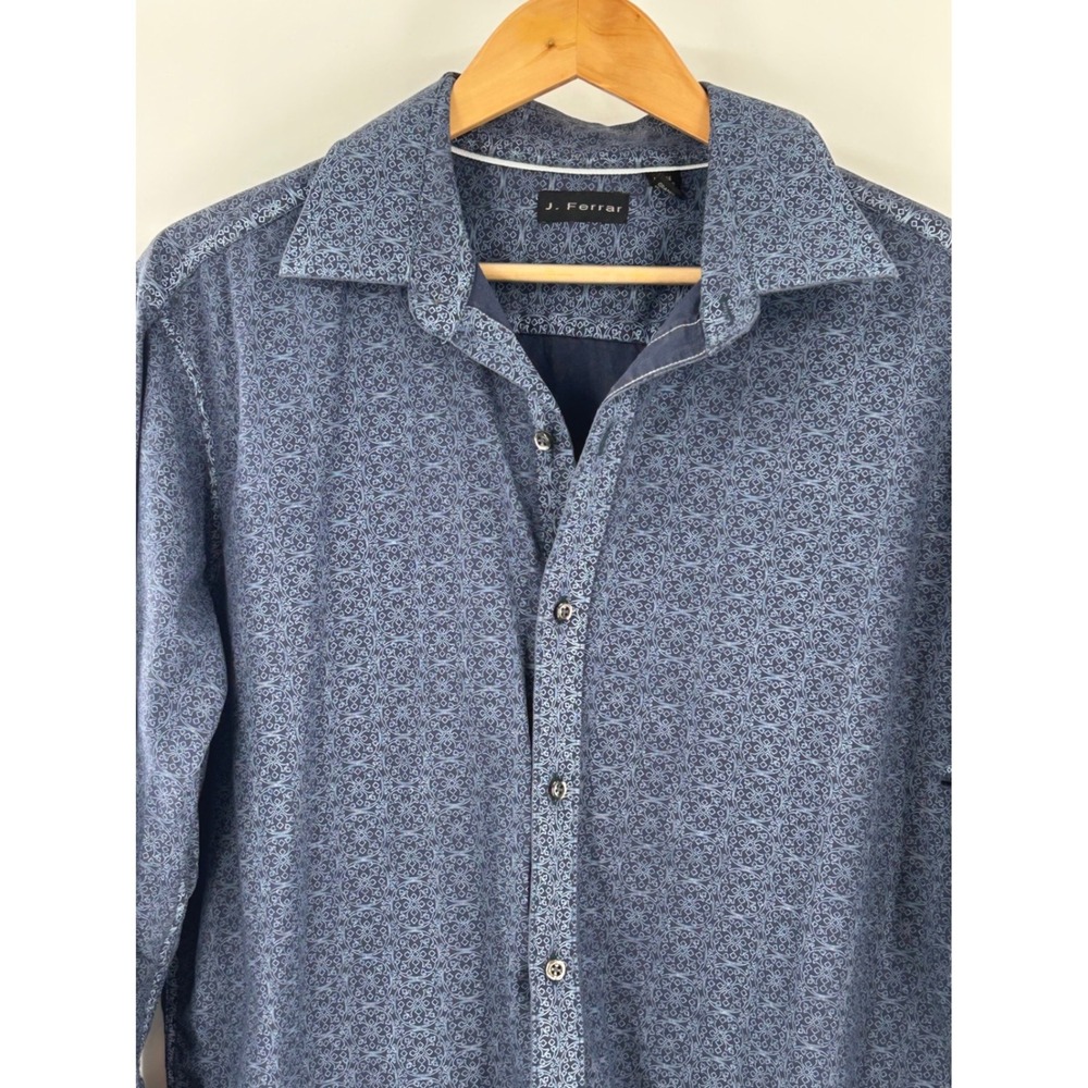 J. Ferrar Mens Large‎ Blue Geometric Medallion Print Cotton Button Down Shirt